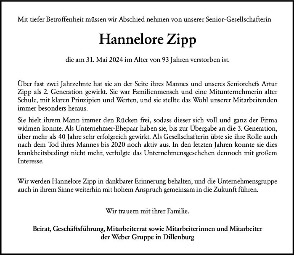 Traueranzeige für Hannelore Zipp vom 05.06.2024 aus Dill Block