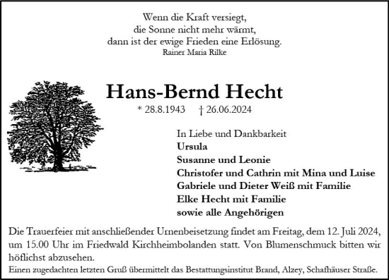 Traueranzeige von Hans-Bernd Hecht von Allgemeine Zeitung Alzey