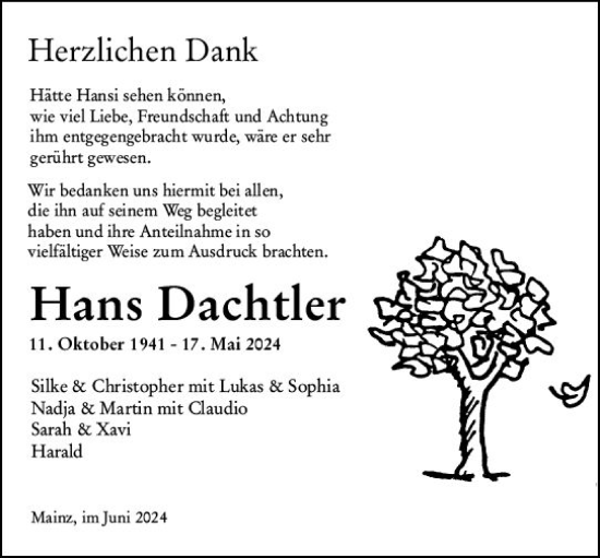 Traueranzeige von Hans Dachtler von Allgemeine Zeitung Mainz