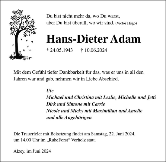 Traueranzeige von Hans-Dieter Adam von Allgemeine Zeitung Alzey