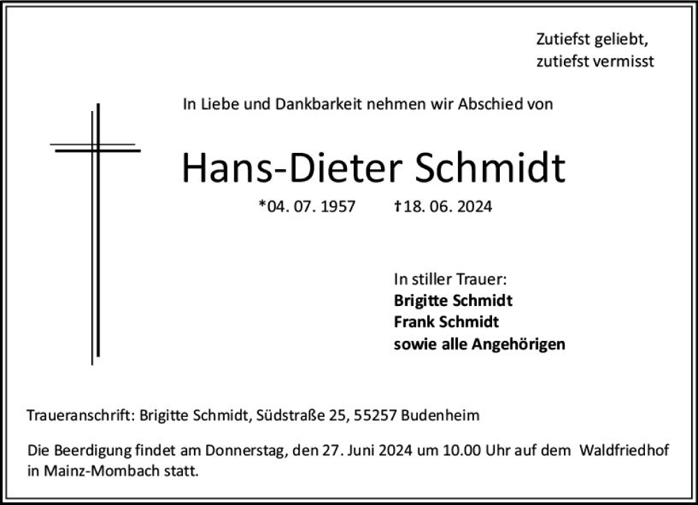 Traueranzeige für Hans-Dieter Schmidt vom 22.06.2024 aus Wiesbadener Kurier