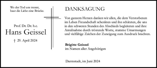 Traueranzeige von Hans Geissel von Darmstädter Echo