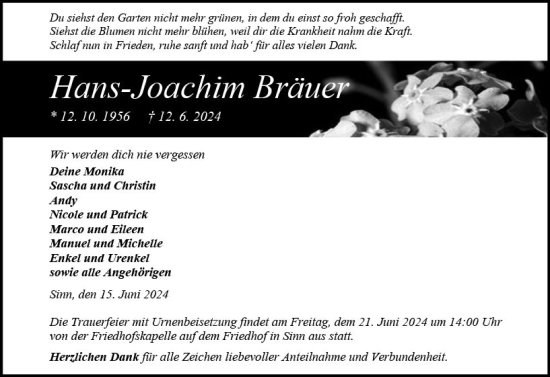 Traueranzeige von Hans-Joachim Bräuer von Dill Block