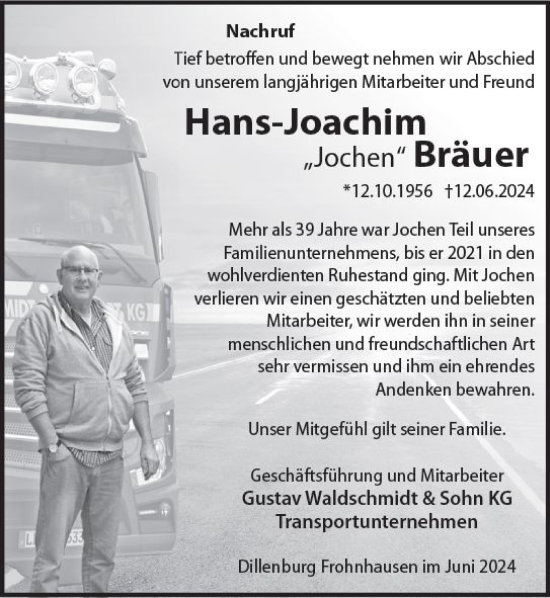 Traueranzeige von Hans-Joachim Bräuer von Dill Block