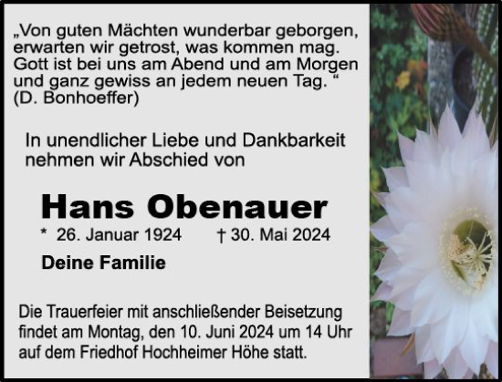 Traueranzeige von Hans Obenauer von Wormser Zeitung