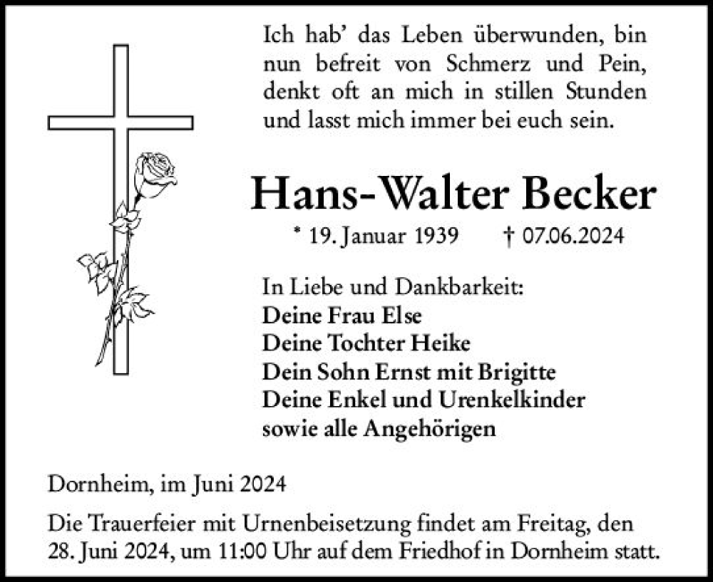  Traueranzeige für Hans-Walter Becker vom 22.06.2024 aus Groß-Gerauer Echo