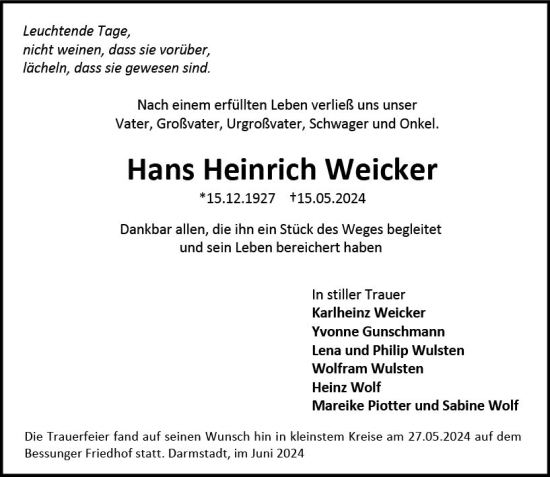 Traueranzeige von Hans Heinrich Weicker von Darmstädter Echo