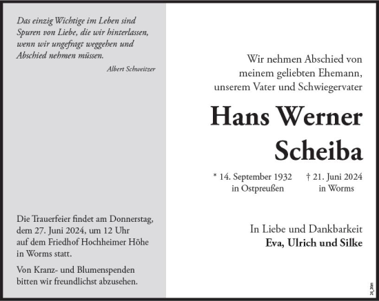 Traueranzeige von Hans Werner Scheiba von Wormser Zeitung