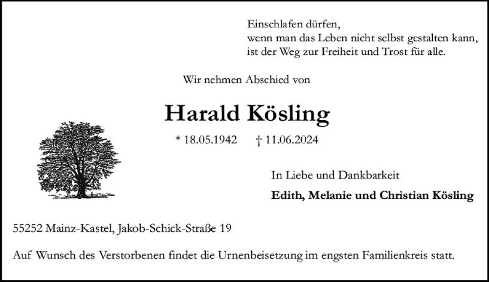  Traueranzeige für Harald Kösling vom 22.06.2024 aus Wiesbadener Kurier