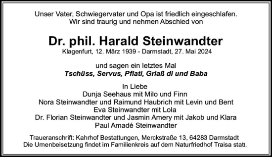 Traueranzeige von Harald Steinwandter von Darmstädter Echo