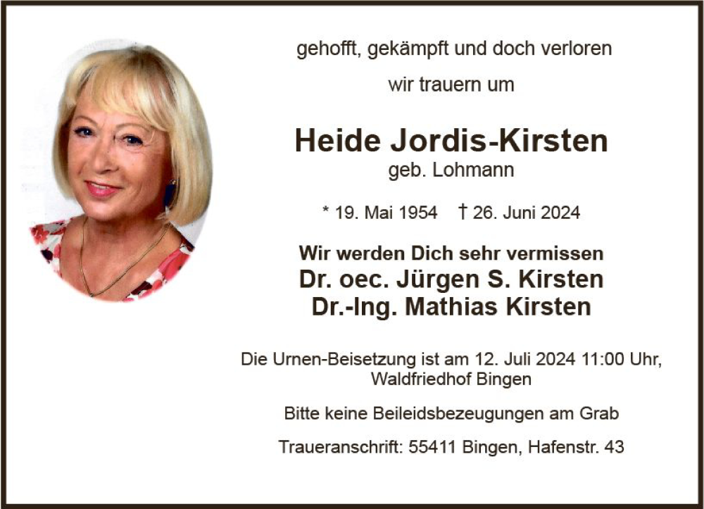  Traueranzeige für Heide Jordis-Kirsten vom 29.06.2024 aus Wiesbadener Kurier