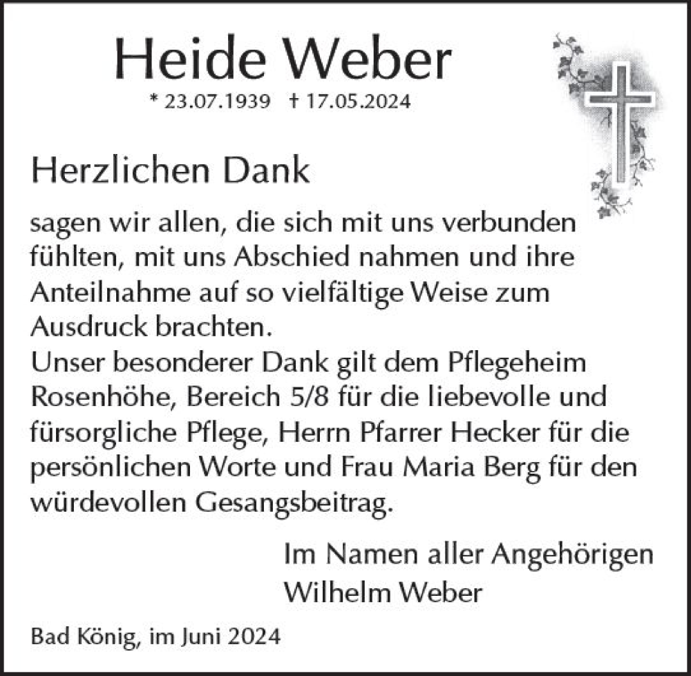  Traueranzeige für Heide Weber vom 15.06.2024 aus Odenwälder Echo