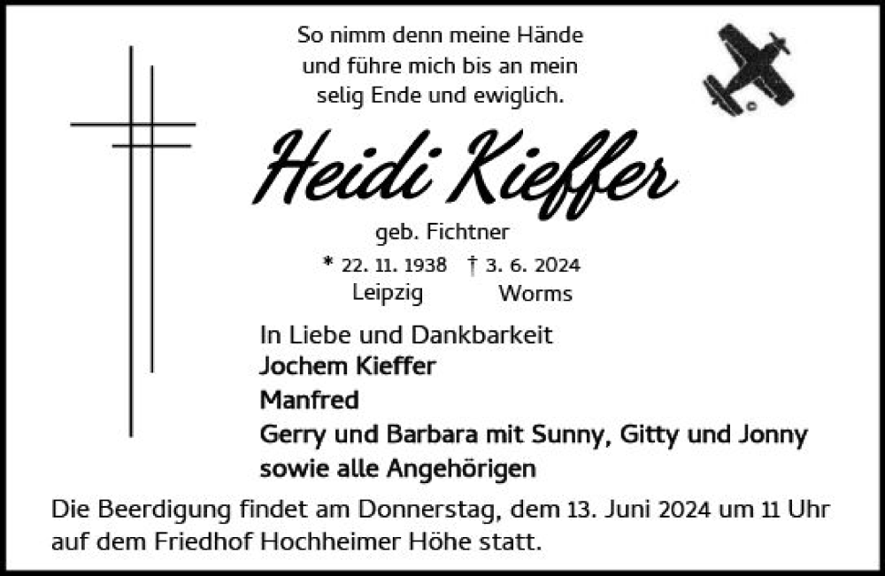  Traueranzeige für Heidi Kieffer vom 08.06.2024 aus Wormser Zeitung