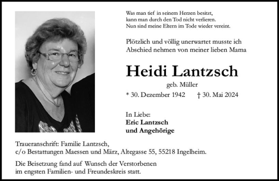 Traueranzeige von Heidi Lantzsch von Allgemeine Zeitung Bingen/Ingelheim