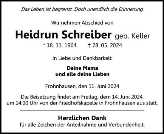 Traueranzeige von Heidrun Schreiber von Dill Block