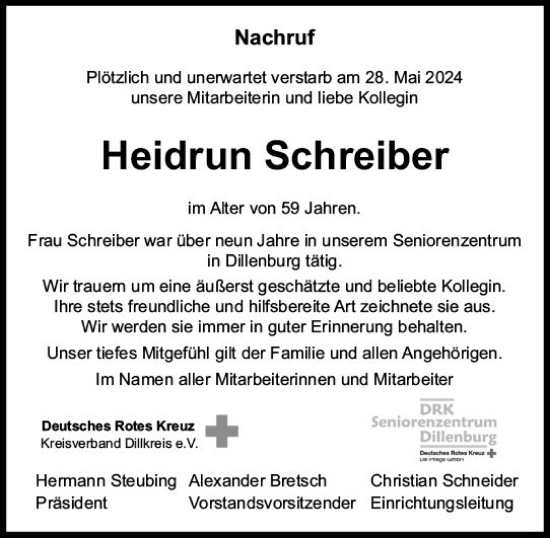 Traueranzeige von Heidrun Schreiber von Dill Block