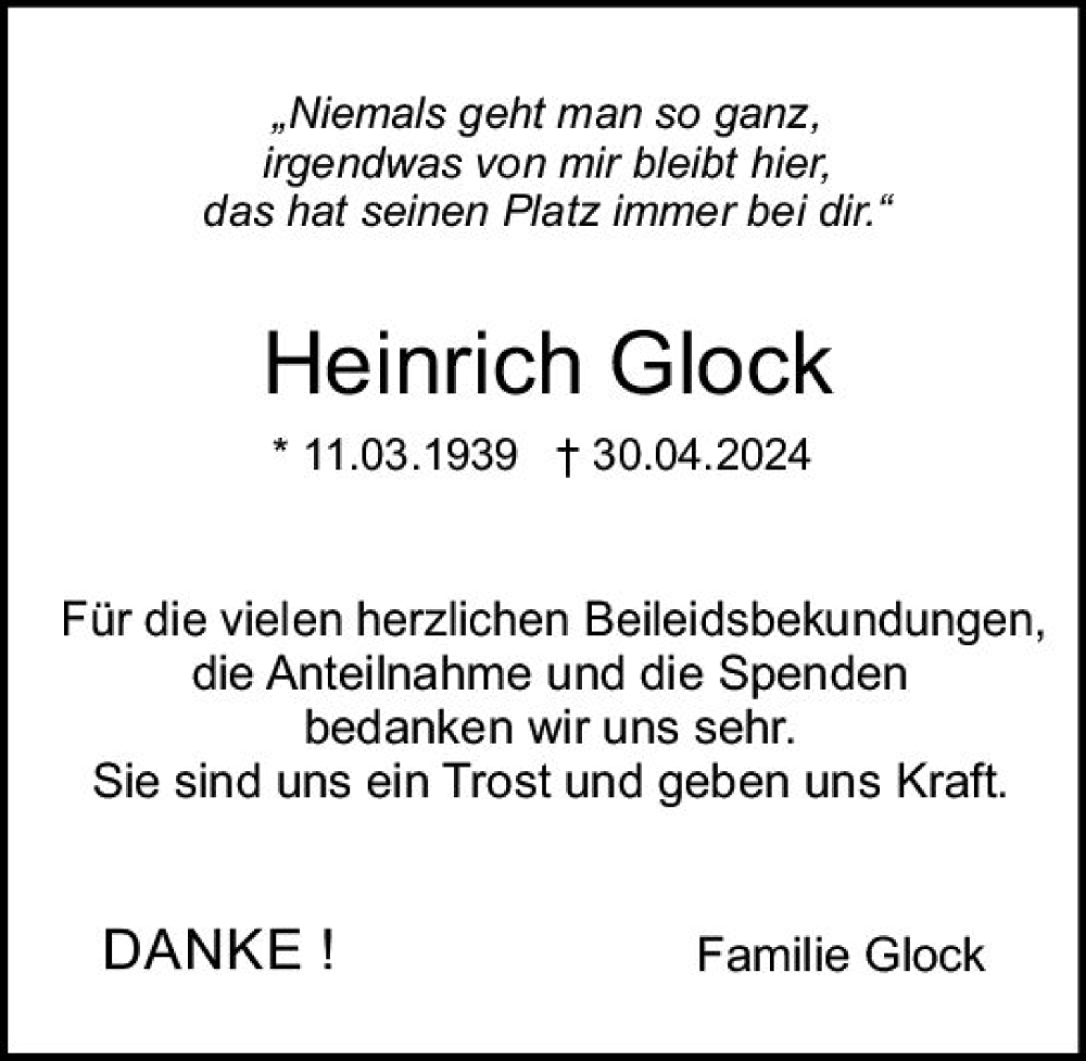  Traueranzeige für Heinrich Glock vom 15.06.2024 aus Darmstädter Echo