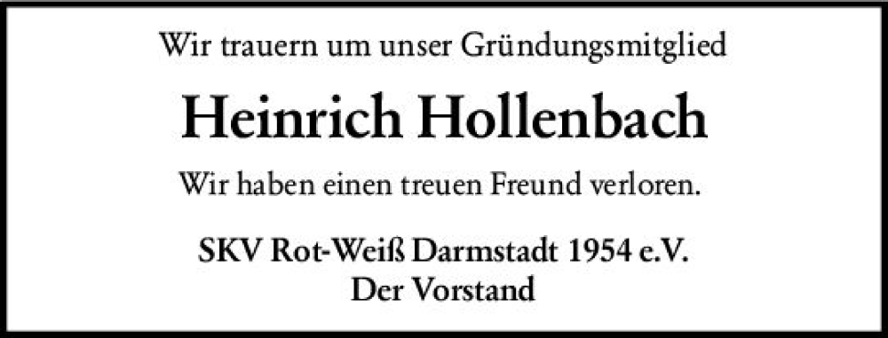  Traueranzeige für Heinrich Hollenbach vom 29.06.2024 aus Darmstädter Echo