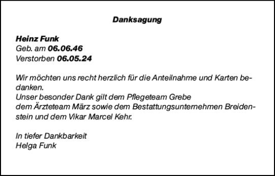 Traueranzeige von Heinz Funk von Hinterländer Anzeiger