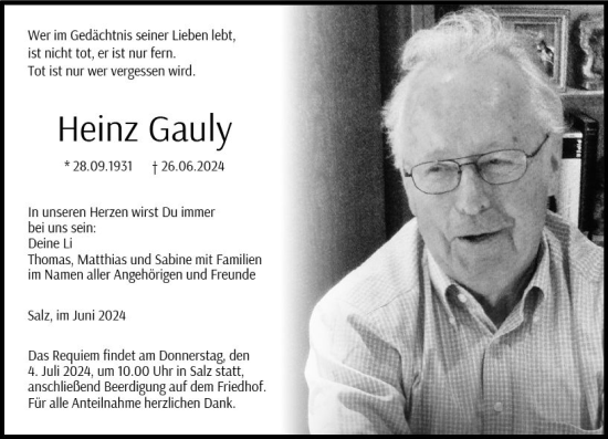 Traueranzeige von Heinz Gauly von Allgemeine Zeitung Mainz