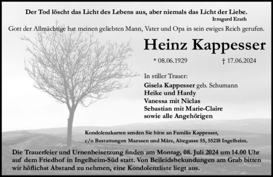 Traueranzeige von Heinz Kappesser von Allgemeine Zeitung Bingen/Ingelheim