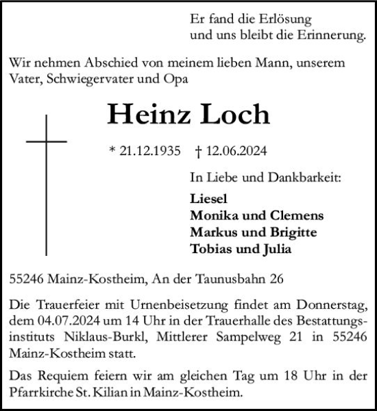 Traueranzeige von Heinz Loch von Allgemeine Zeitung Mainz