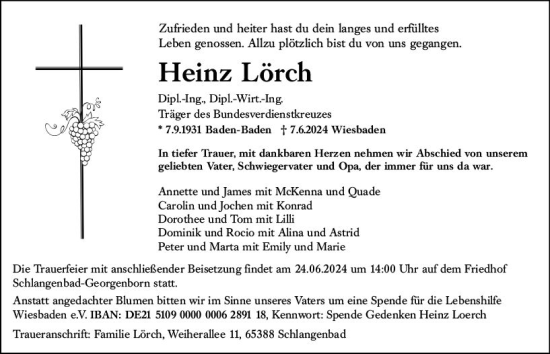 Traueranzeige von Heinz Lörch von Wiesbadener Kurier