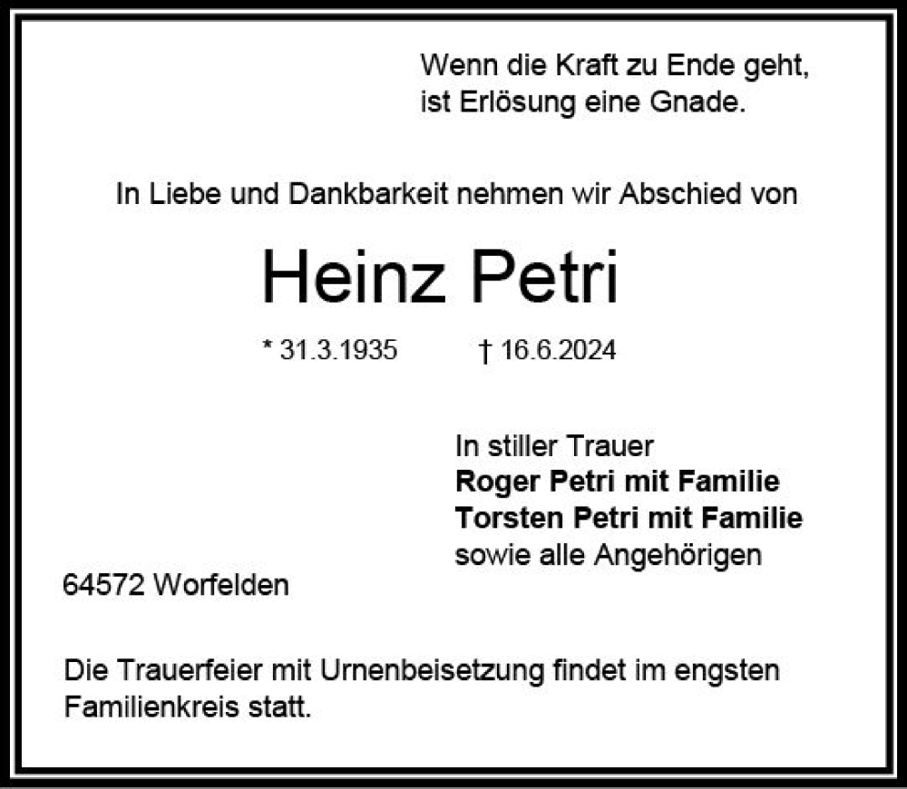  Traueranzeige für Heinz Petri vom 22.06.2024 aus Groß-Gerauer Echo