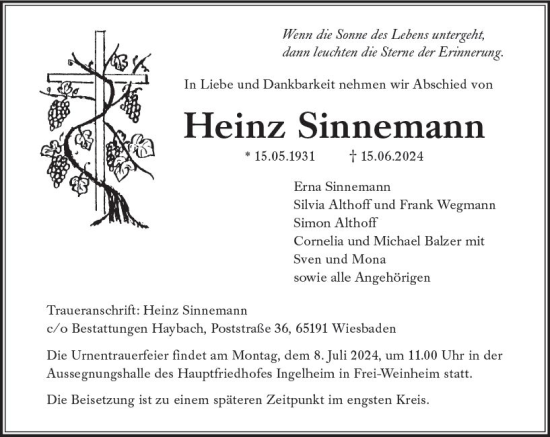 Traueranzeige von Heinz Sinnemann von Allgemeine Zeitung Bingen/Ingelheim