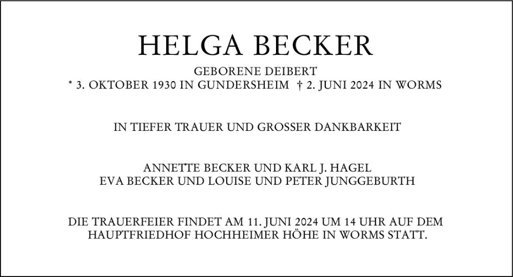  Traueranzeige für Helga Becker vom 07.06.2024 aus Wormser Zeitung