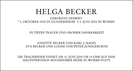 Traueranzeige von Helga Becker von Wormser Zeitung