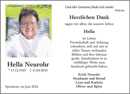 Traueranzeige von Hella Neurohr von Allgemeine Zeitung Bad Kreuznach