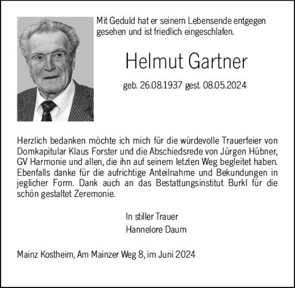  Traueranzeige für Helmut Gartner vom 22.06.2024 aus Allgemeine Zeitung Mainz