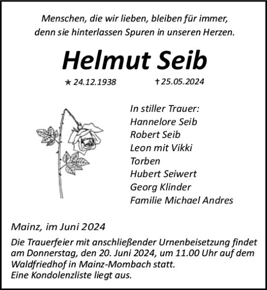 Traueranzeige von Helmut Seib von Allgemeine Zeitung Mainz