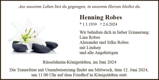 Traueranzeige von Henning Robes von Rüsselsheimer Echo