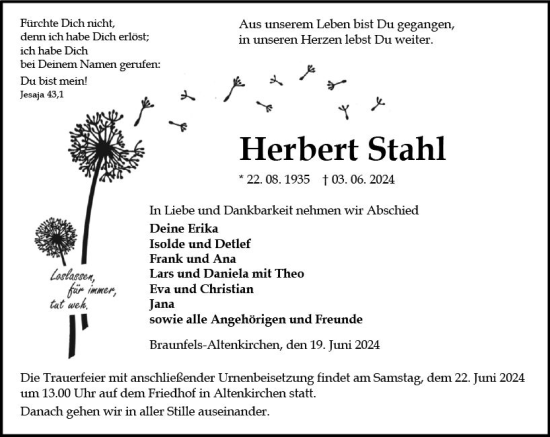 Traueranzeige von Herbert Stahl von Wetzlarer Neue Zeitung