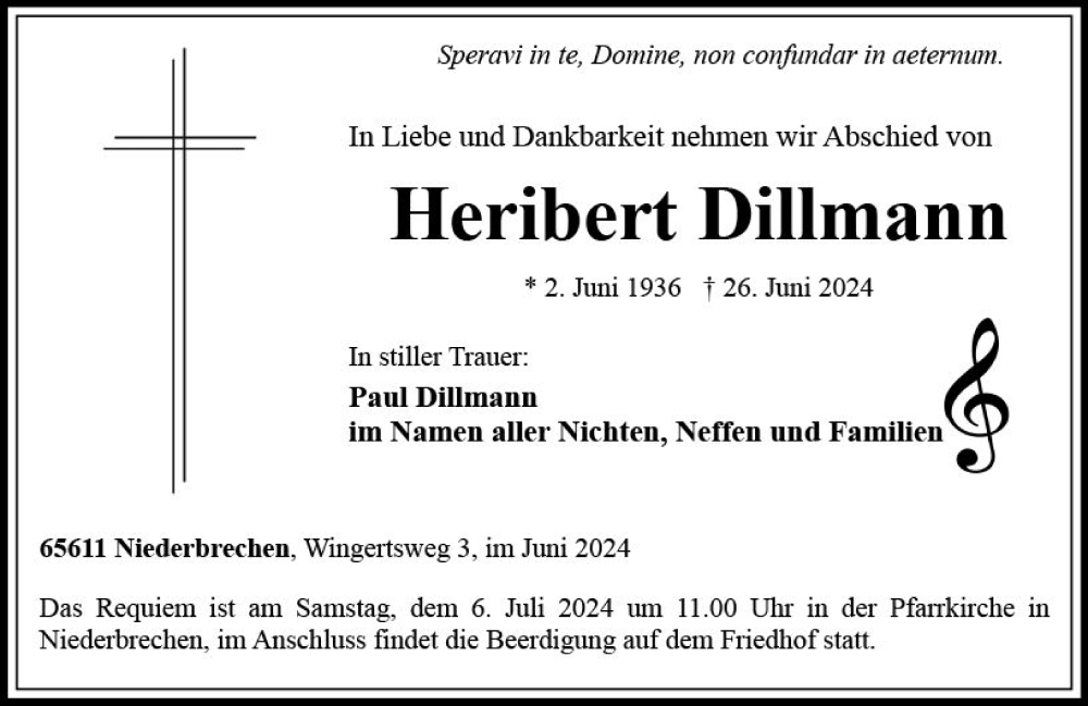  Traueranzeige für Heribert Dillmann vom 29.06.2024 aus Nassauische Neue Presse