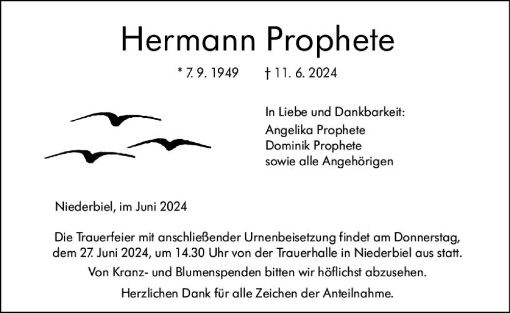  Traueranzeige für Hermann Prophete vom 22.06.2024 aus Wetzlarer Neue Zeitung