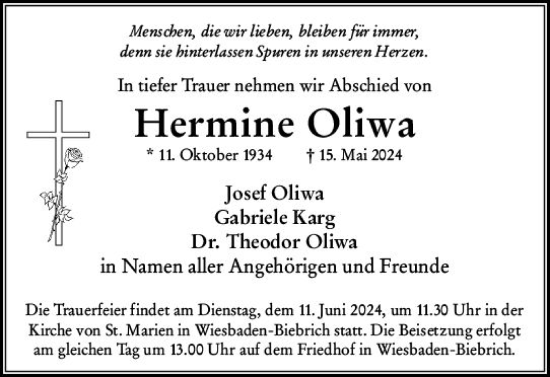 Traueranzeige von Hermine Oliwa von Wiesbadener Kurier