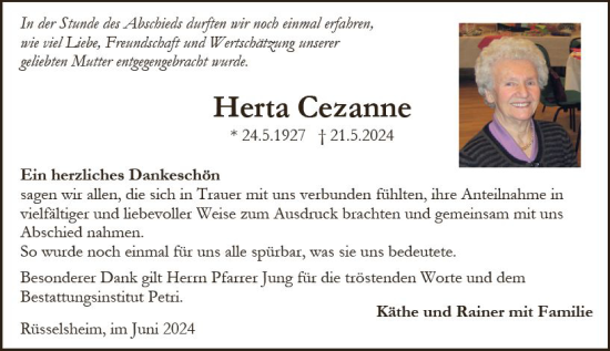 Traueranzeige von Herta Cezanne von Rüsselsheimer Echo