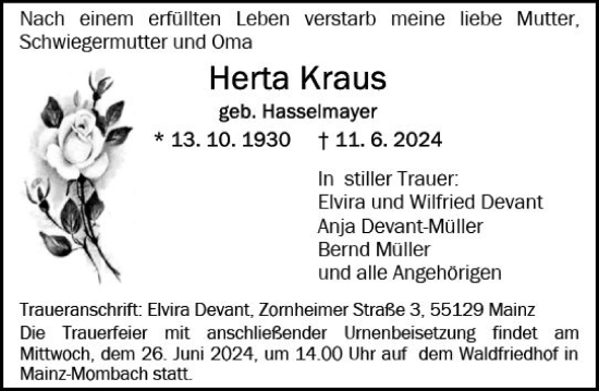 Traueranzeige von Herta Kraus von Allgemeine Zeitung Mainz