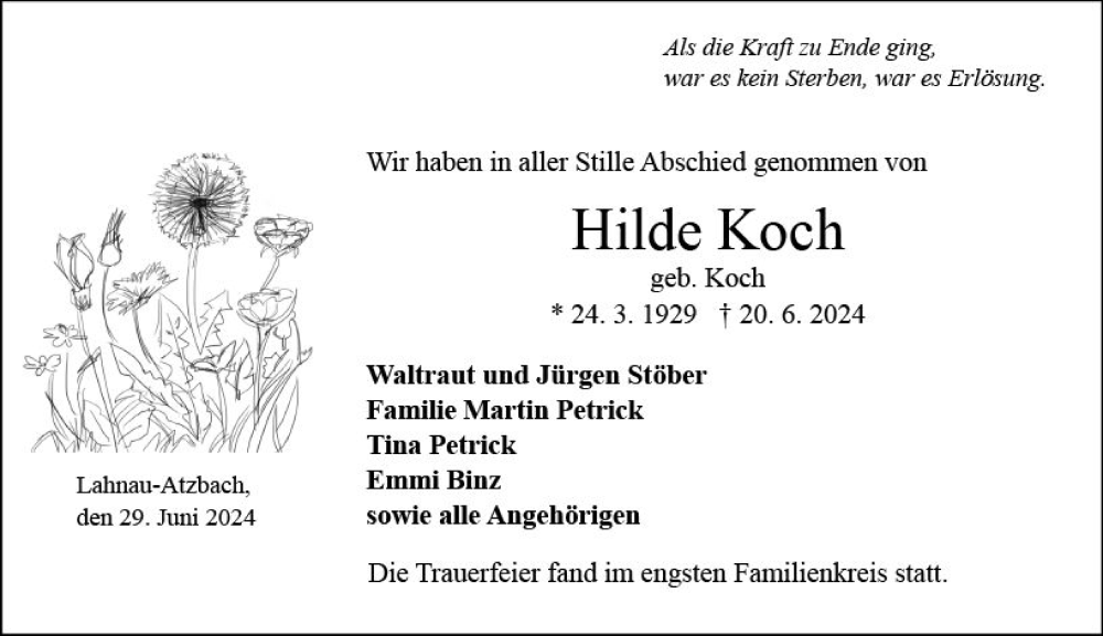  Traueranzeige für Hilde Koch vom 29.06.2024 aus Wetzlarer Neue Zeitung