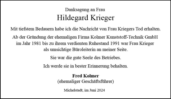 Traueranzeige von Hildegard Krieger von Odenwälder Echo