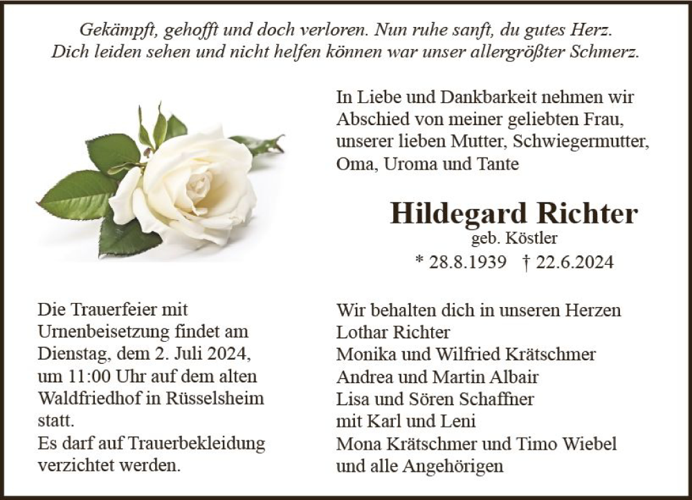  Traueranzeige für Hildegard Richter vom 29.06.2024 aus Rüsselsheimer Echo