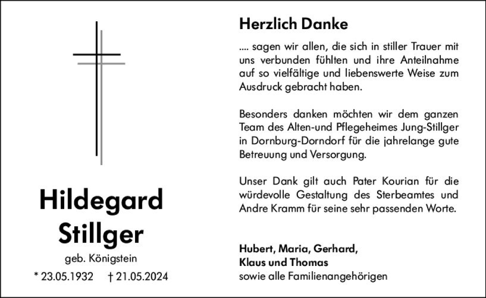 Traueranzeige für Hildegard Stillger vom 15.06.2024 aus Nassauische Neue Presse