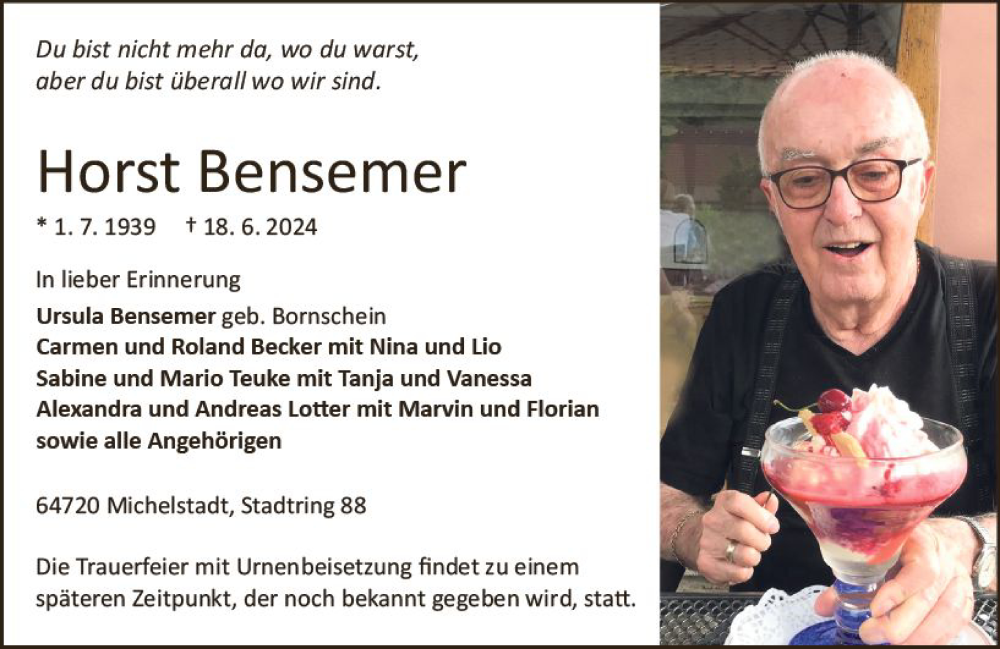  Traueranzeige für Horst Bensemer vom 29.06.2024 aus Darmstädter Echo