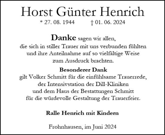 Traueranzeige von Horst Günter Henrich von Dill Block
