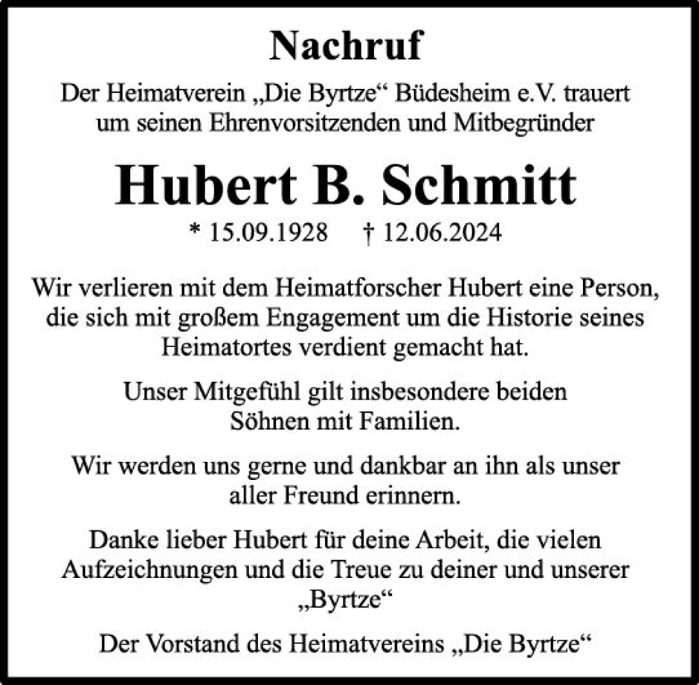  Traueranzeige für Hubert B. Schmitt vom 29.06.2024 aus Allgemeine Zeitung Bingen/Ingelheim
