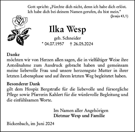 Traueranzeige von Ilka Wesp von Darmstädter Echo