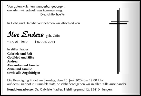 Traueranzeige von Ilse Enders von Wetzlarer Neue Zeitung